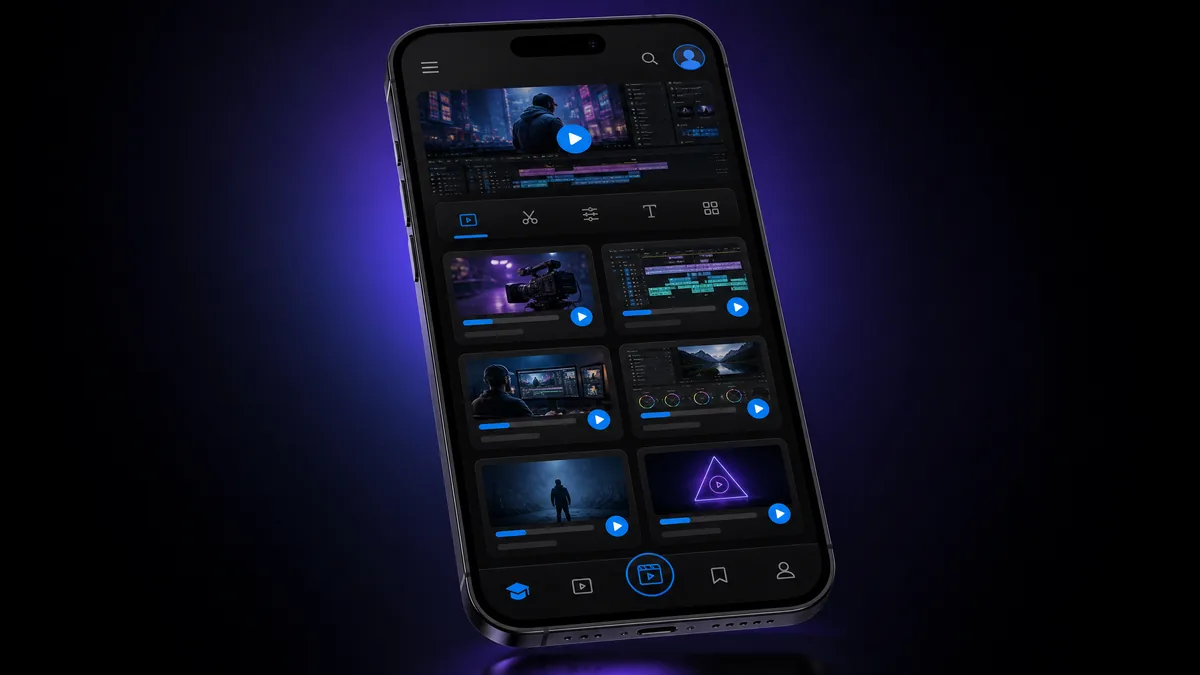 御梦子 移动 APP 界面预览，暗色主题课程网格